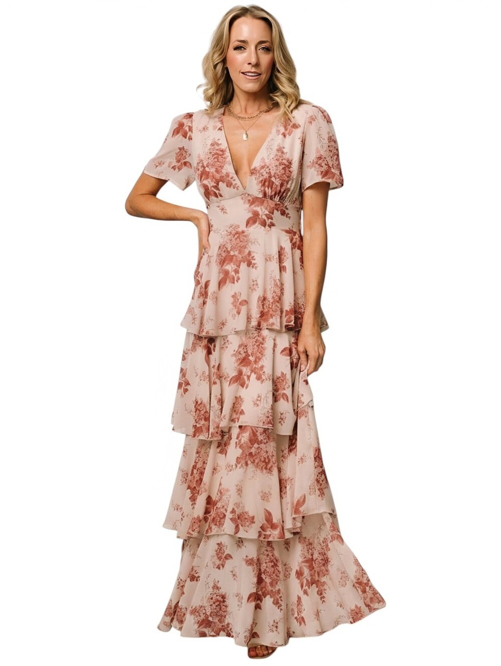 Baltic Born Montaigne Tiered Ruffle Rose Floral Maxi Dress - Size Small Womens